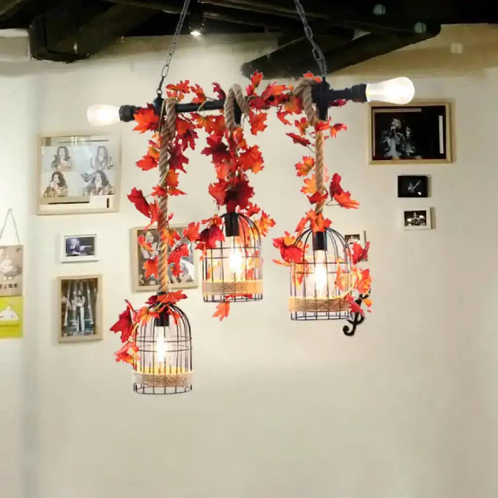 Rustic birdcage rope light fixture with autumn leaves kitchen pendant