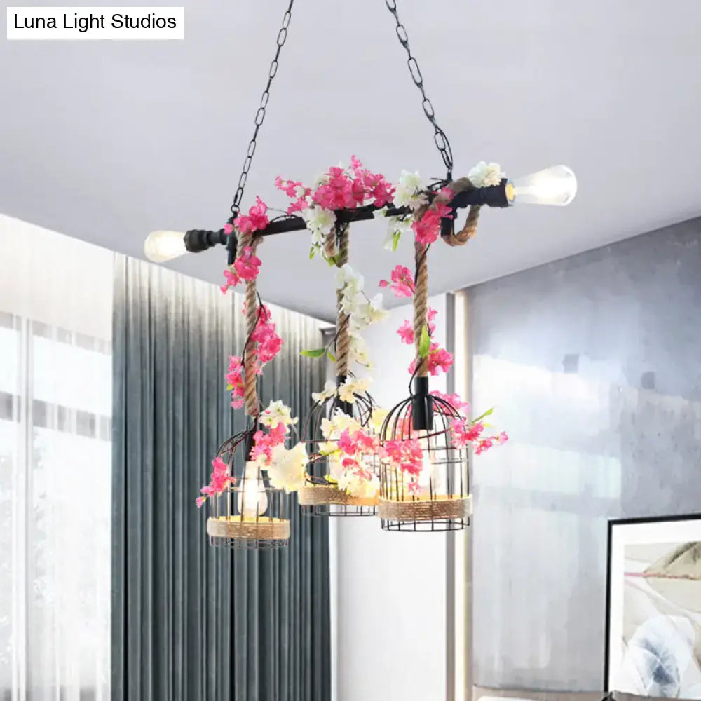 Rustic birdcage rope light fixture with autumn leaves kitchen pendant