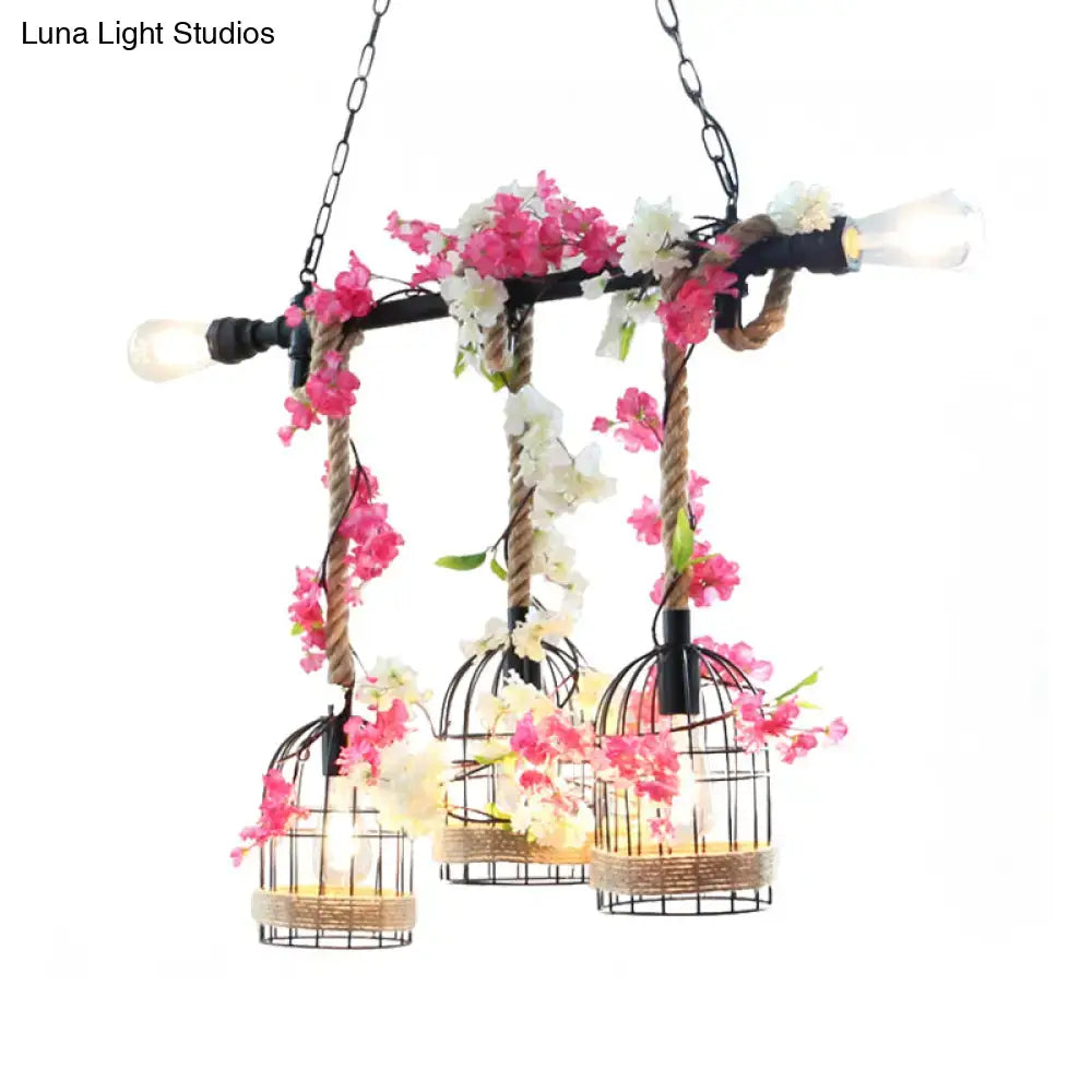 Rustic birdcage rope light fixture with autumn leaves kitchen pendant