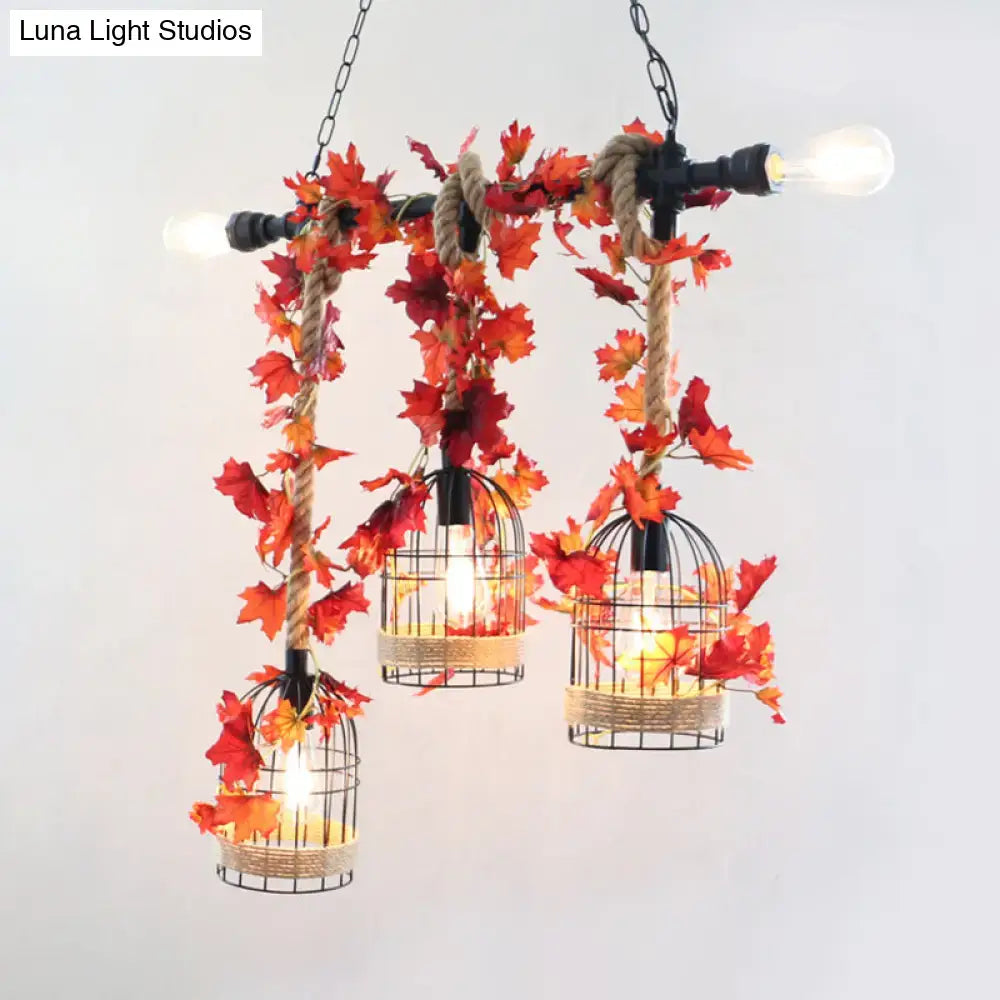 Rustic birdcage rope light fixture with autumn leaves kitchen pendant