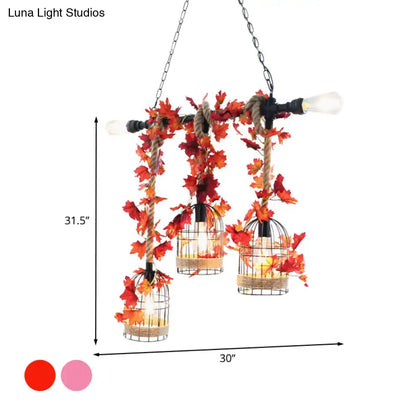 Rustic birdcage rope light fixture with autumn leaves kitchen pendant