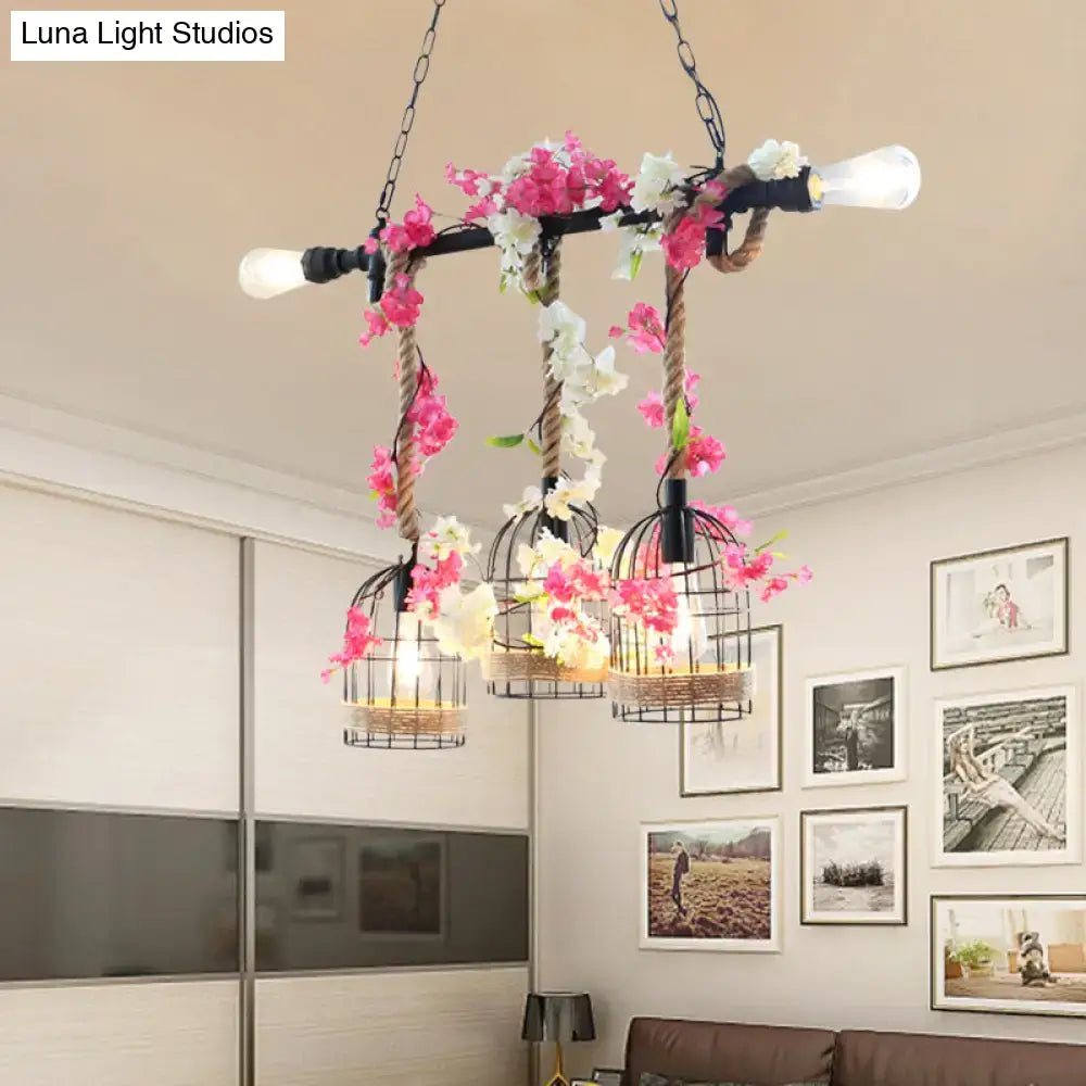 Rustic birdcage rope light fixture with autumn leaves kitchen pendant