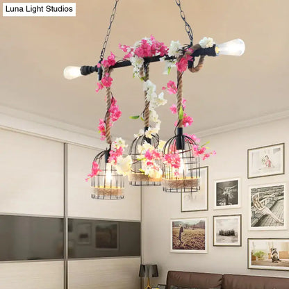 Rustic birdcage rope light fixture with autumn leaves kitchen pendant