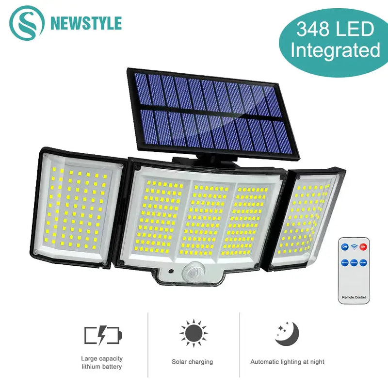 Black 348 led solar super bright motion sensor light garden wall lamp