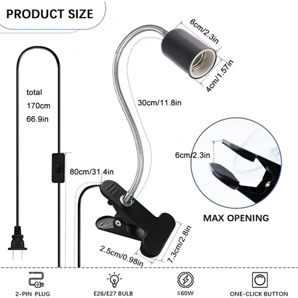 Black adjustable gooseneck clip lamp holder bedroom desk light