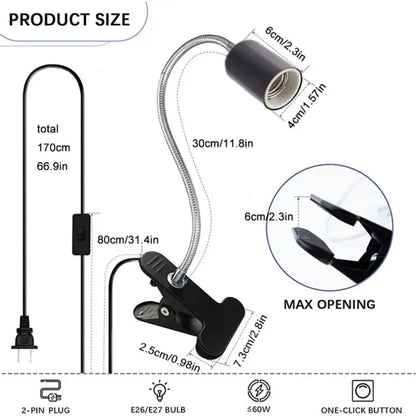 Black adjustable gooseneck clip lamp holder bedroom desk light