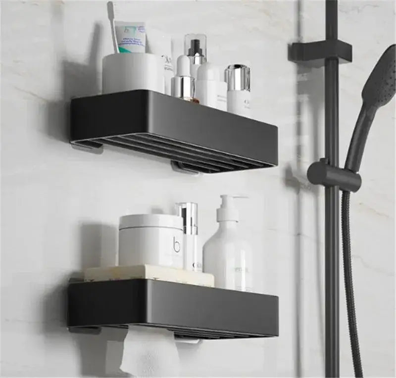 Black aluminum corner double tier shelf bathroom storage rack