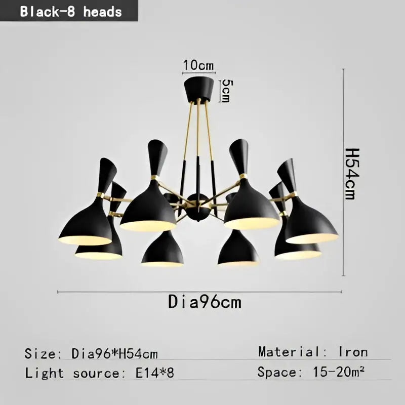 Black and brass nordic led multiple head chandelier for living room