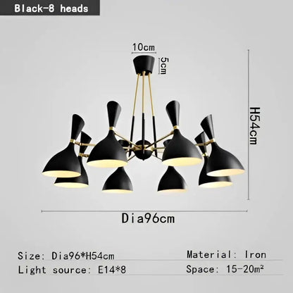 Black and brass nordic led multiple head chandelier for living room