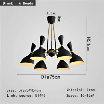 Black and brass nordic led multiple head chandelier for living room