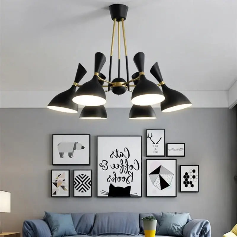 Black and brass nordic led multiple head chandelier for living room