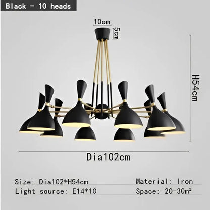 Black and brass nordic led multiple head chandelier for living room