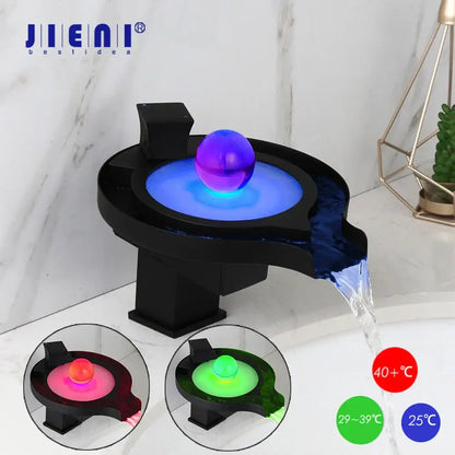 Black and chrome brass led waterfall basin faucet bathroom sink