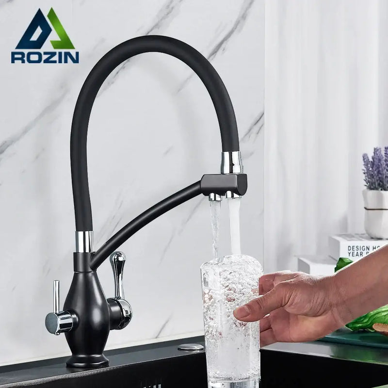 Black and chrome dual spout kitchen faucet with filter nozzle