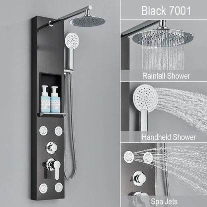 Black and chrome rainfall shower panel bathroom storage rack
