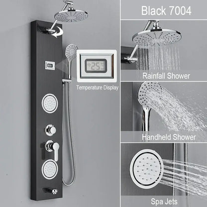 Black and chrome rainfall shower panel bathroom storage rack