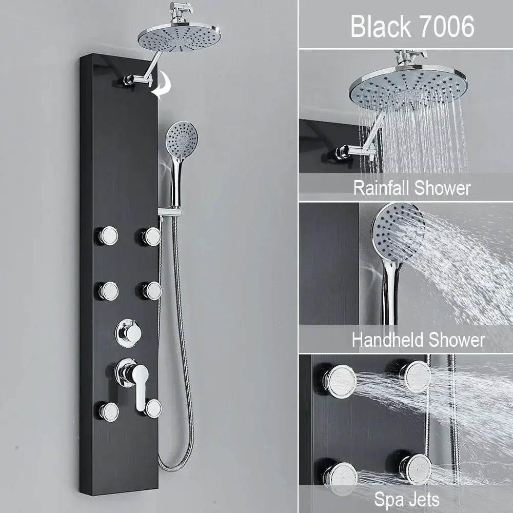 Black and chrome rainfall shower panel bathroom storage rack