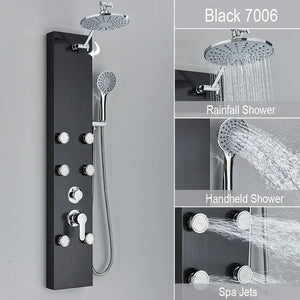 Black and chrome rainfall shower panel bathroom storage rack