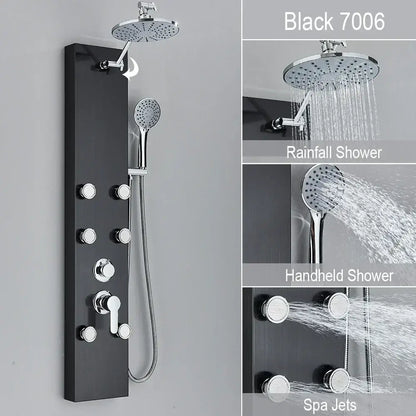 Black and chrome rainfall shower panel bathroom storage rack