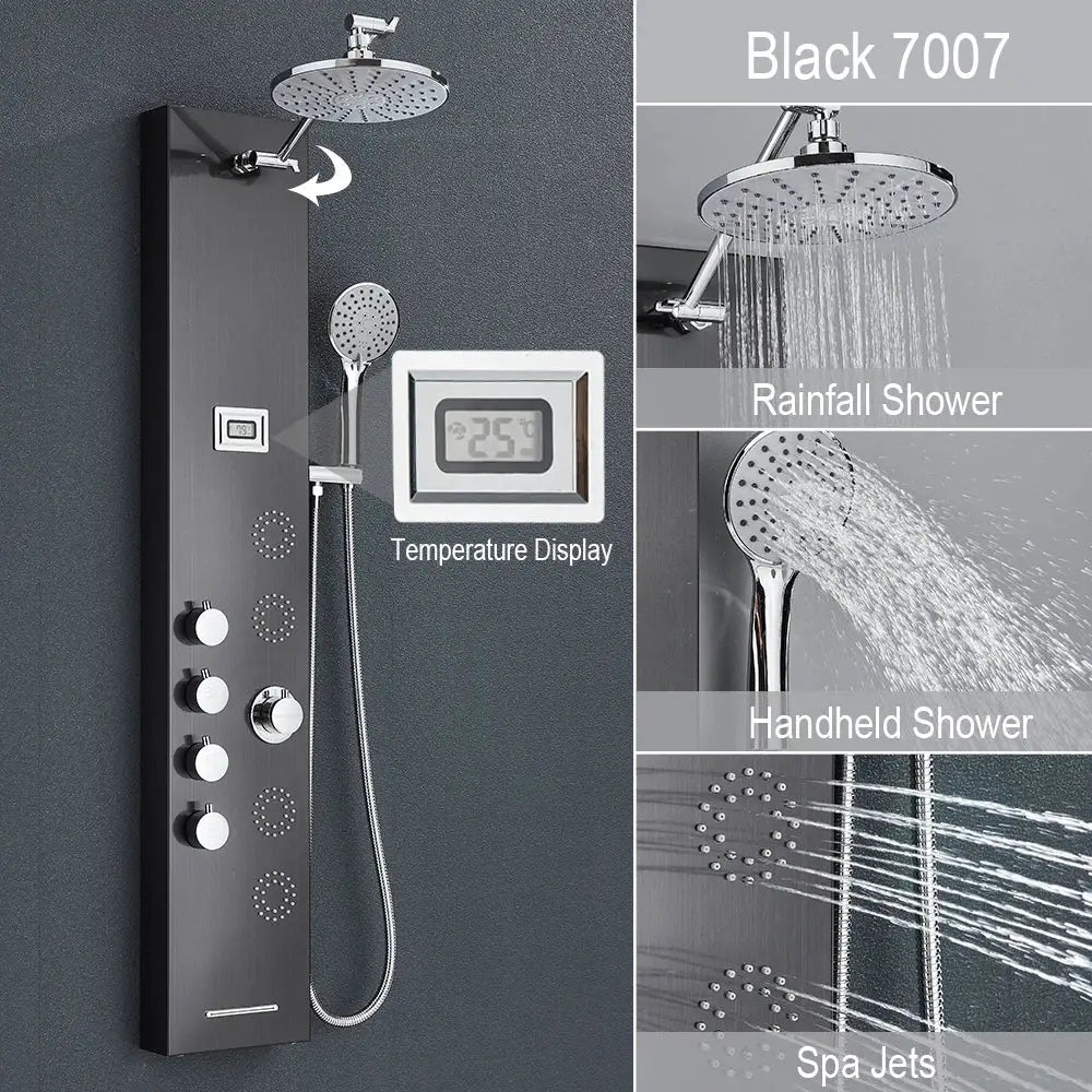 Black and chrome rainfall shower panel bathroom storage rack