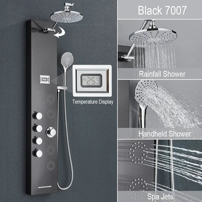 Black and chrome rainfall shower panel bathroom storage rack