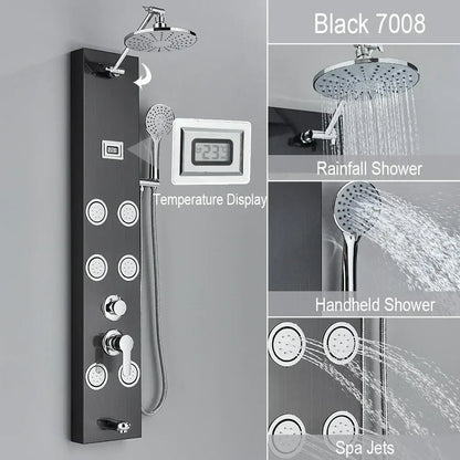 Black and chrome rainfall shower panel bathroom storage rack