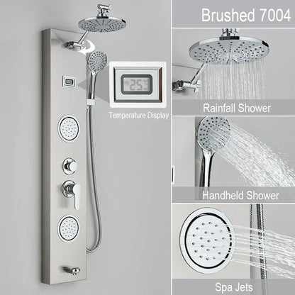 Black and chrome rainfall shower panel bathroom storage rack