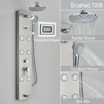 Black and chrome rainfall shower panel bathroom storage rack