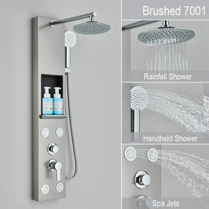 Black and chrome rainfall shower panel bathroom storage rack
