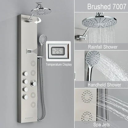 Black and chrome rainfall shower panel bathroom storage rack