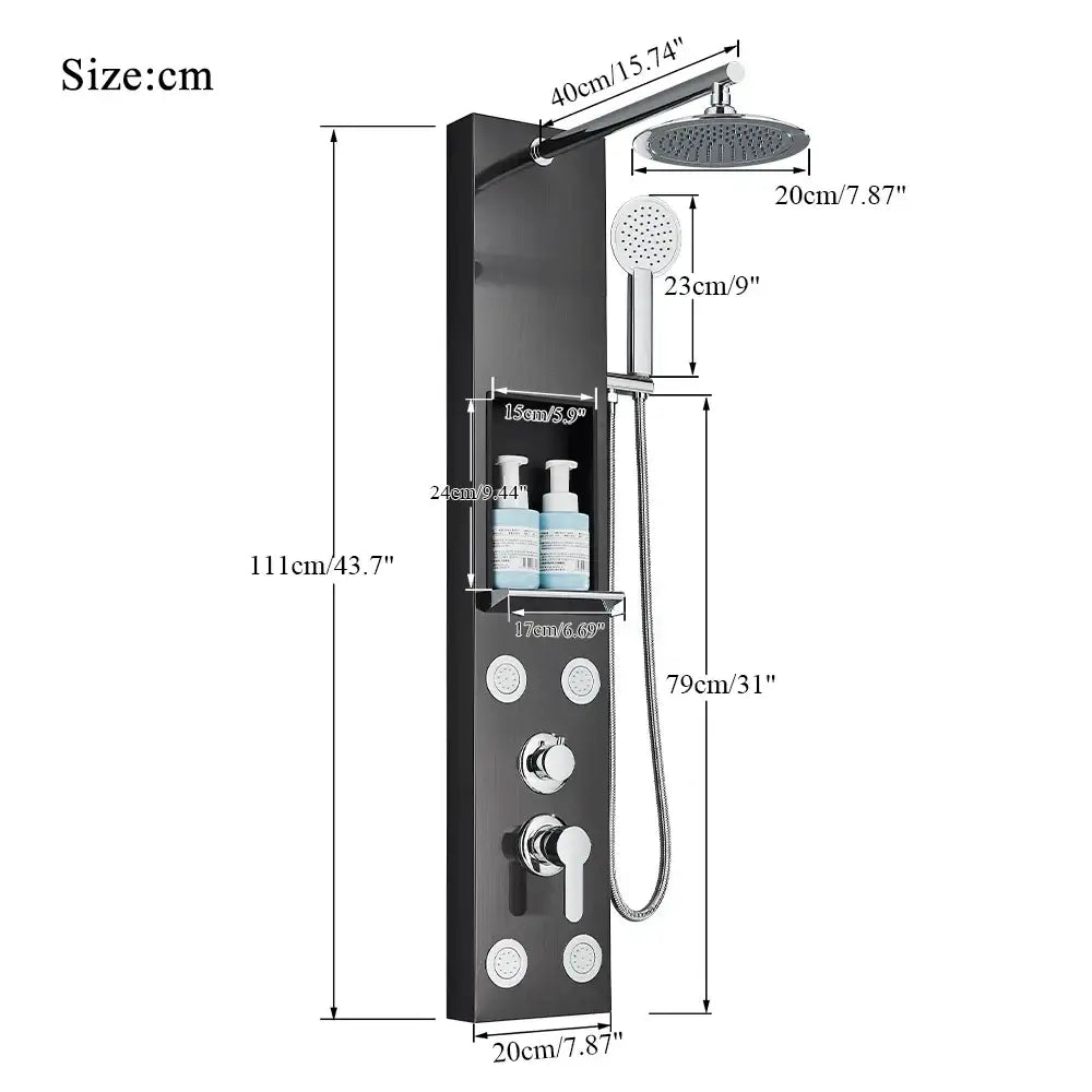 Black and chrome rainfall shower panel bathroom storage rack