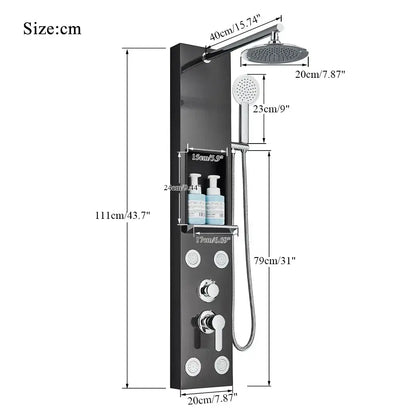 Black and chrome rainfall shower panel bathroom storage rack
