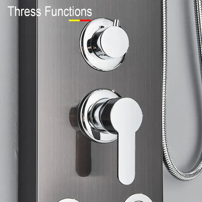Black and chrome rainfall shower panel bathroom storage rack