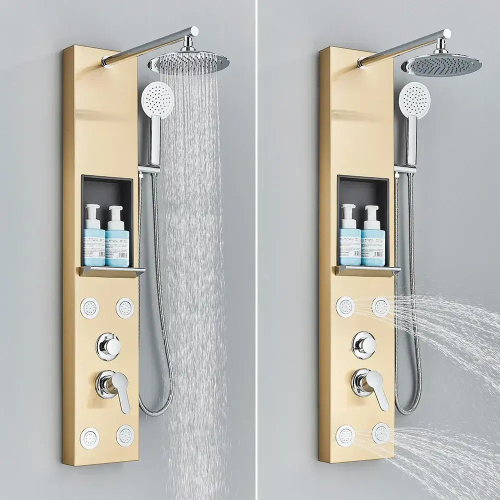 Black and chrome rainfall shower panel bathroom storage rack