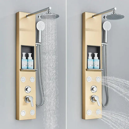 Black and chrome rainfall shower panel bathroom storage rack