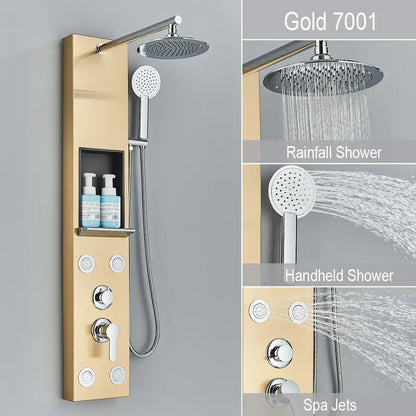 Black and chrome rainfall shower panel bathroom storage rack