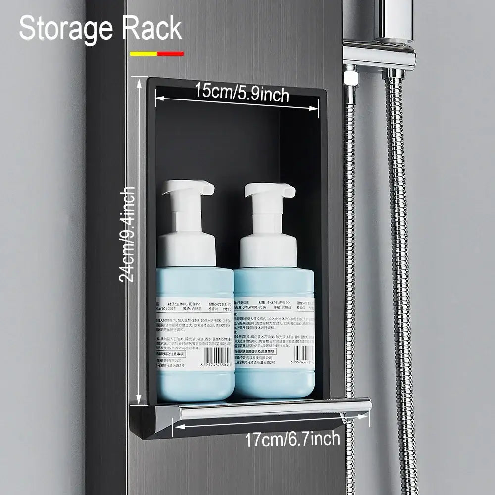 Black and chrome rainfall shower panel bathroom storage rack