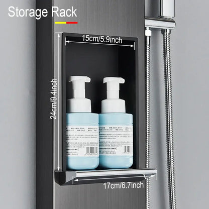 Black and chrome rainfall shower panel bathroom storage rack