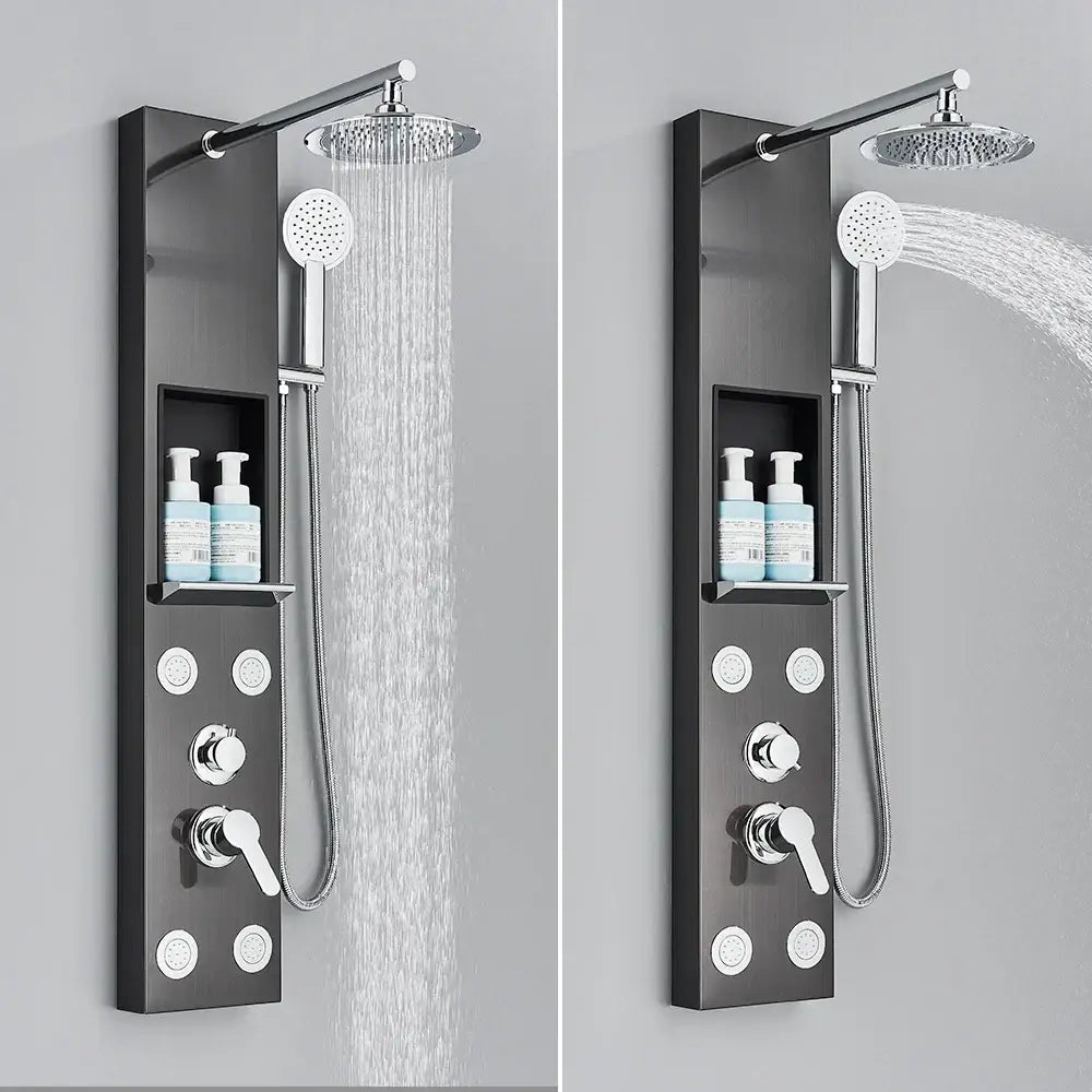 Black and chrome rainfall shower panel bathroom storage rack