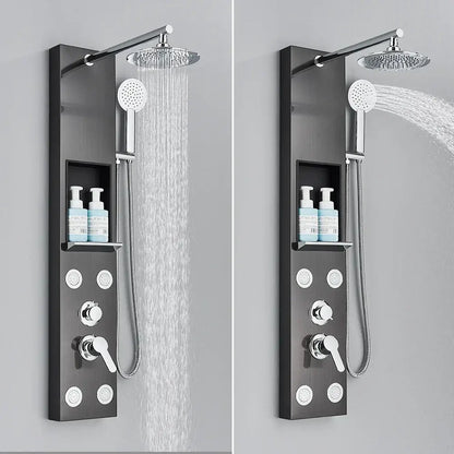 Black and chrome rainfall shower panel bathroom storage rack