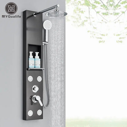 Black and chrome rainfall shower panel bathroom storage rack