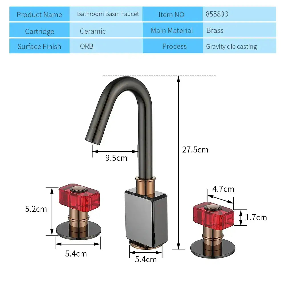 Black and copper gray brass basin faucets with red crystal knobs bathroom