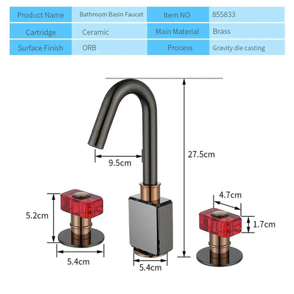 Black and copper gray brass basin faucets with red crystal knobs bathroom