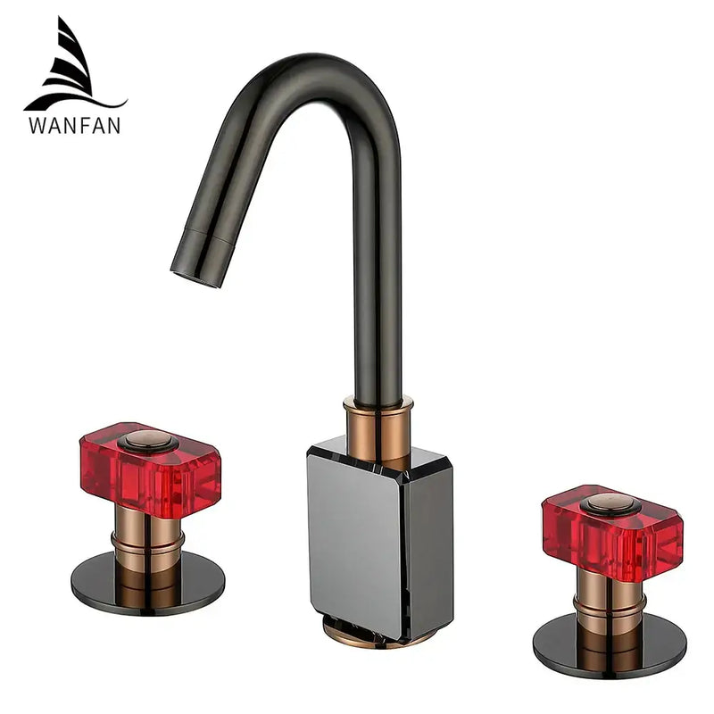 Black and copper gray brass basin faucets with red crystal knobs bathroom