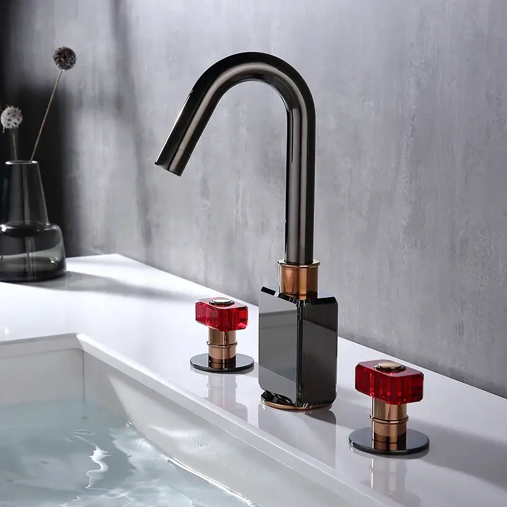 Black and copper gray brass basin faucets with red crystal knobs bathroom