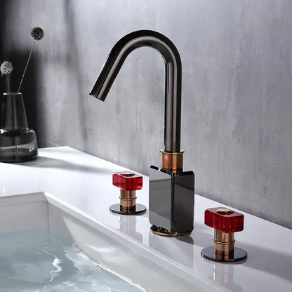 Black and copper gray brass basin faucets with red crystal knobs bathroom