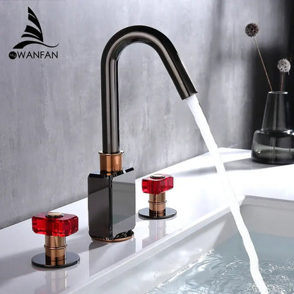 Black and copper gray brass basin faucets with red crystal knobs bathroom