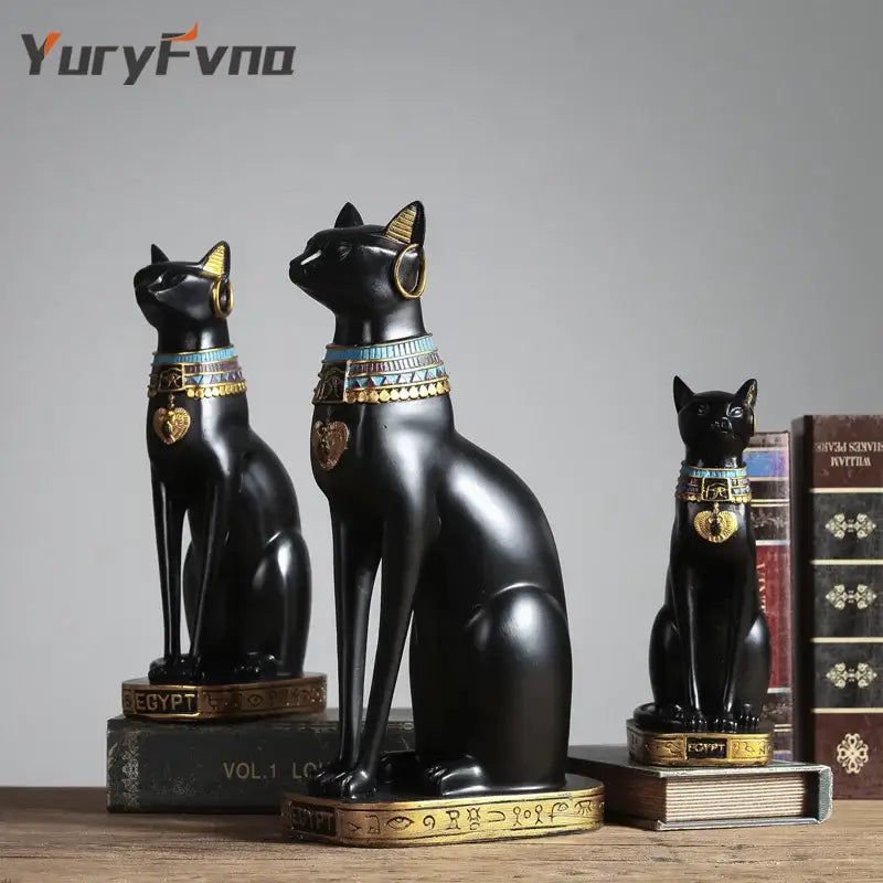 Black and gold bastet cat goddess statue 3 piece set living room decor
