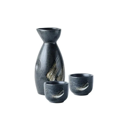 Black and gold brushstroke ceramic sake liquor dispenser set dining room