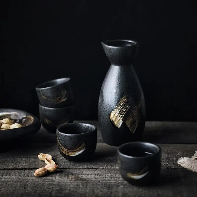 Black and gold brushstroke ceramic sake liquor dispenser set dining room